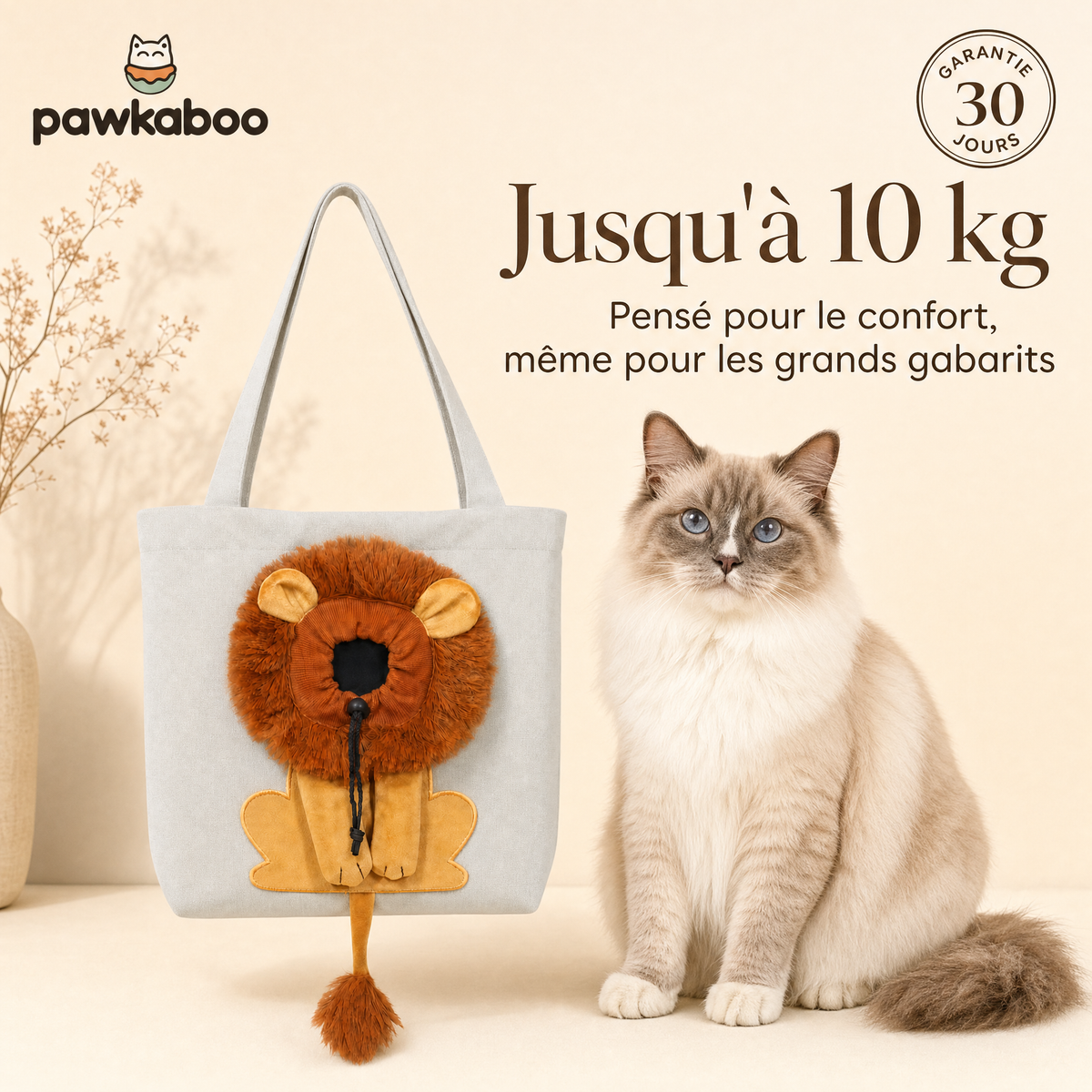 Sac Pawkaboo Lion gris — pensé pour les chats jusqu'à 10 kg