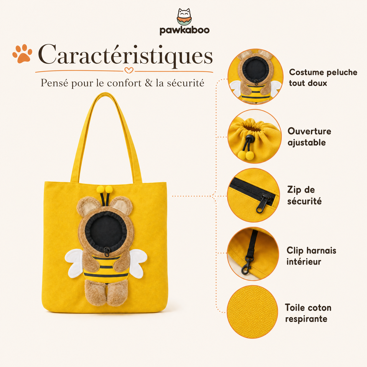 Caractéristiques du sac Pawkaboo Abeille : costume peluche, ouverture ajustable, zip, clip harnais