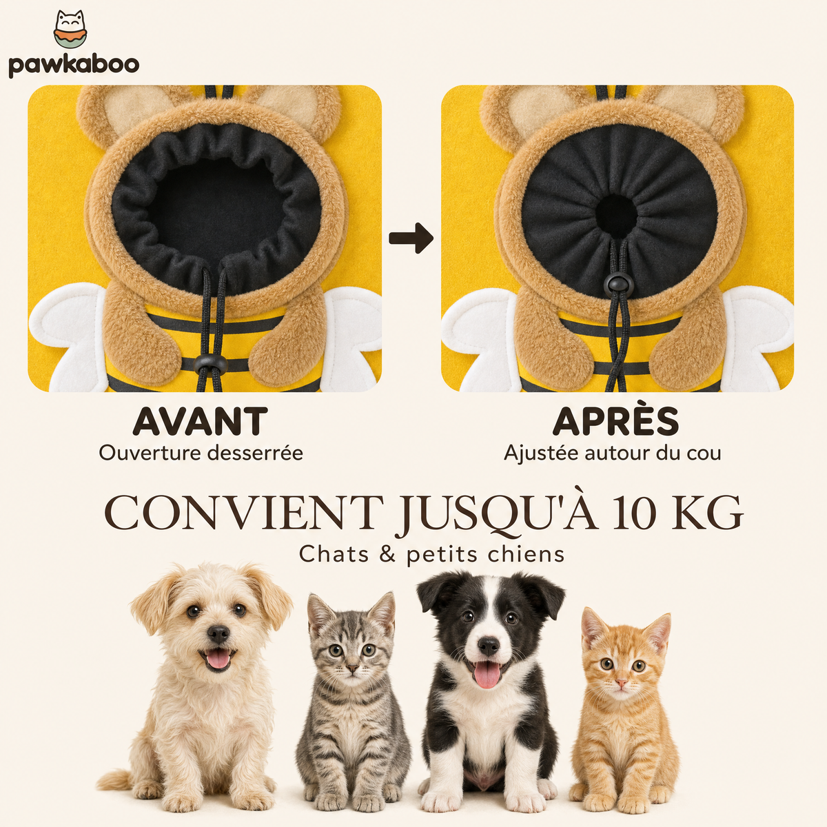 Ouverture ajustable du sac Pawkaboo Abeille : avant/après serrage — jusqu'à 10 kg