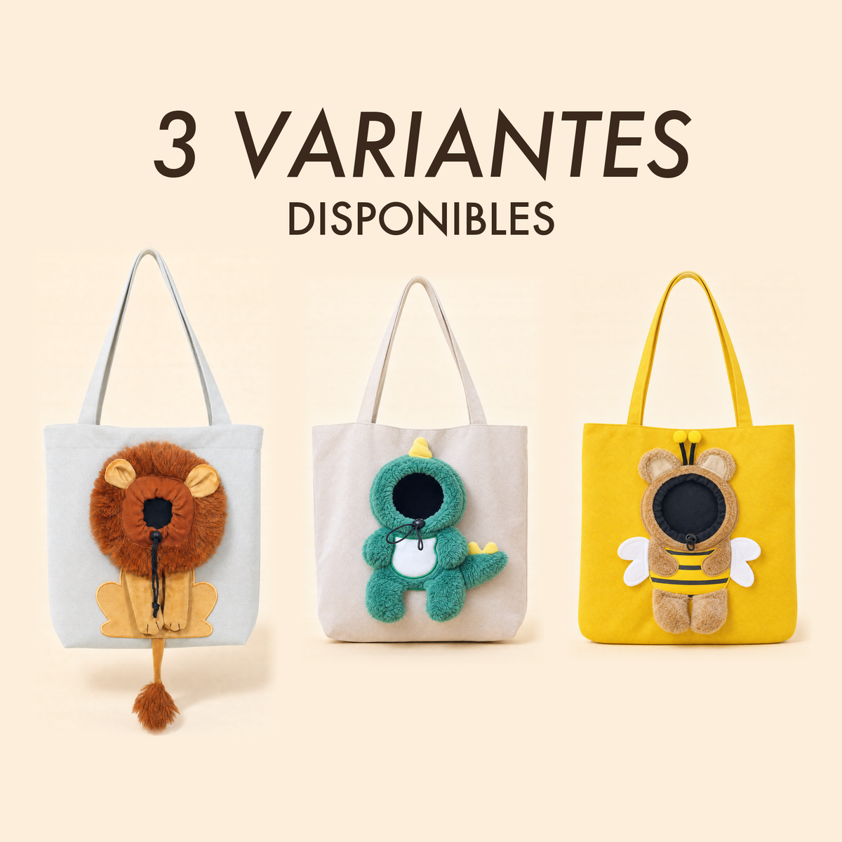Les 3 variantes du sac Pawkaboo : lion gris clair, dinosaure ecru, abeille jaune