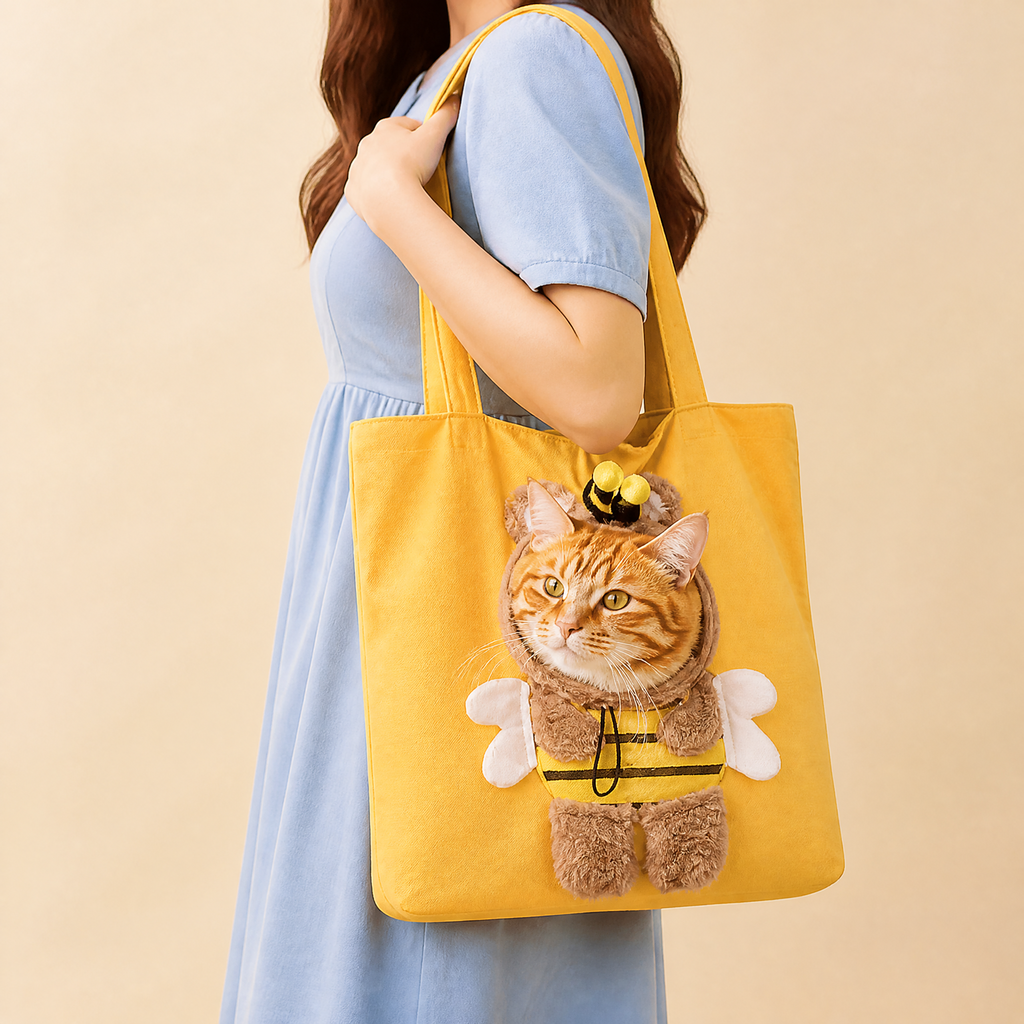 Sac Pawkaboo costume abeille jaune — chat roux la tête sortie par l'ouverture à cordon, ailes et antennes en peluche