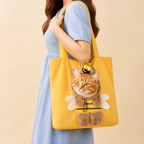 Sac Pawkaboo costume abeille jaune — chat roux la tête sortie par l'ouverture à cordon, ailes et antennes en peluche