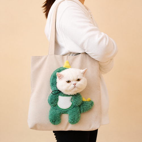 Sac de transport chat tête dehors Pawkaboo — costume dinosaure vert sur sac crème, chat blanc porté à l'épaule
