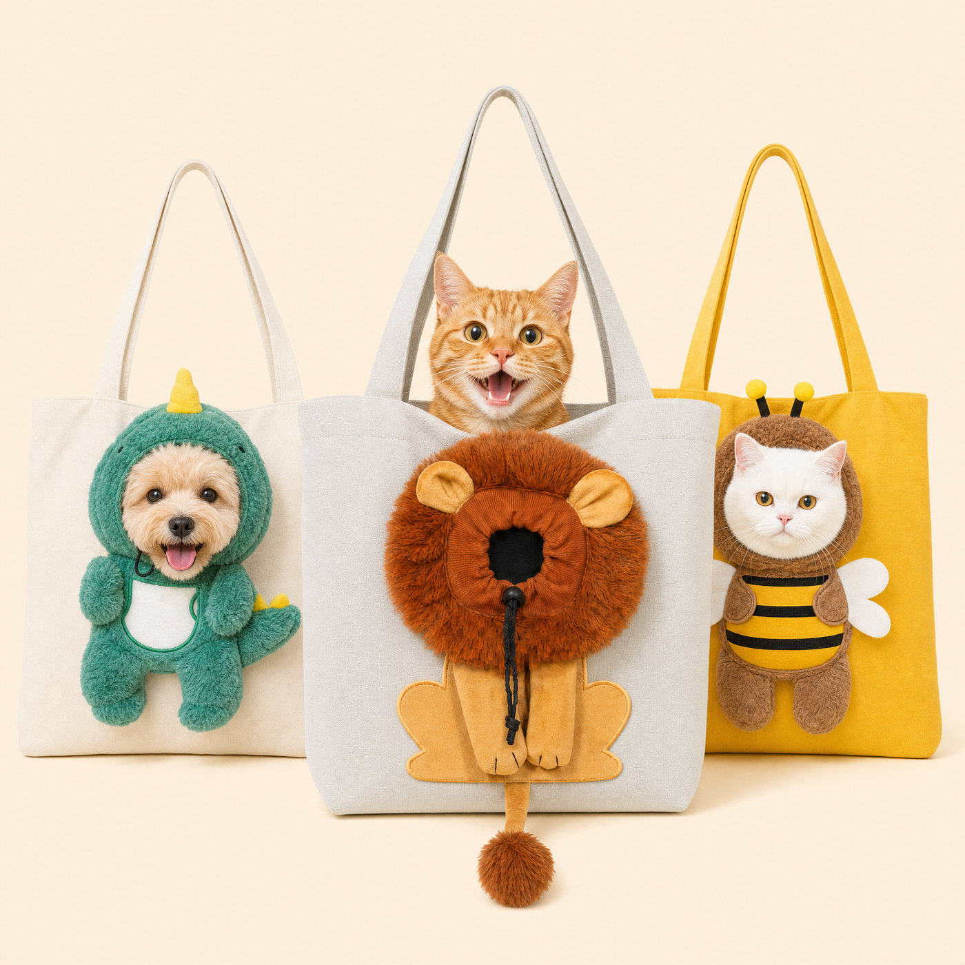 Les trois sacs Pawkaboo — lion, dinosaure et abeille — avec un chat heureux qui miaule