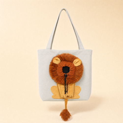 Le Sac Pawkaboo Lion — toile gris clair, crinière peluche, packshot studio