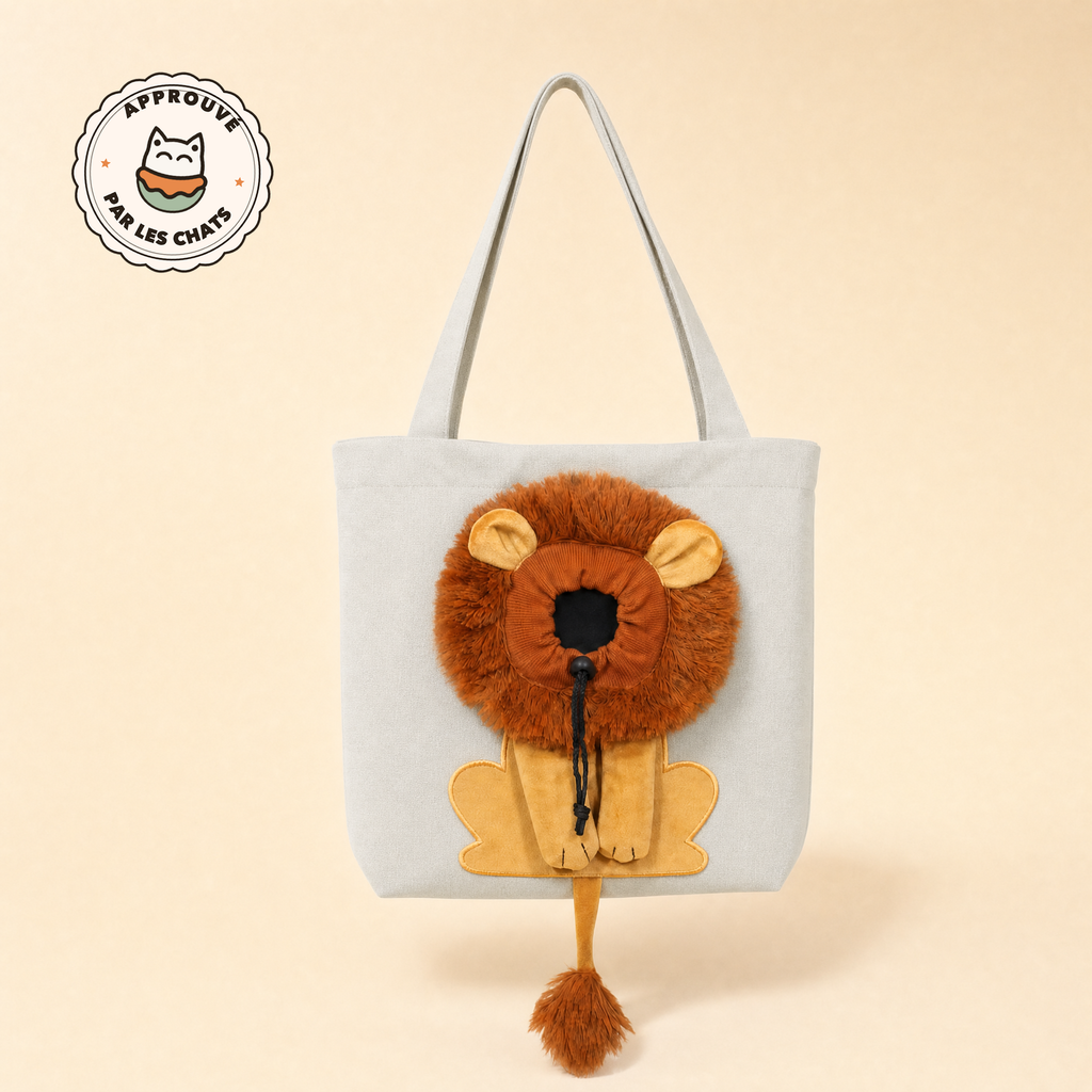 Le Sac Pawkaboo Lion — toile gris clair, crinière peluche, packshot studio