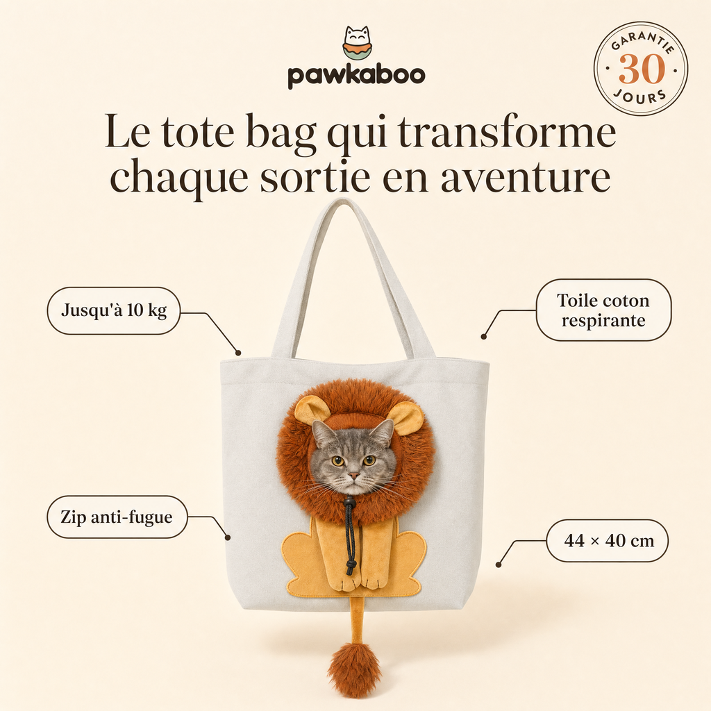 Sac Pawkaboo Lion gris : jusqu'à 10 kg, toile coton respirante, zip anti-fugue, 44 × 40 cm