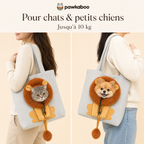 Sac Pawkaboo Lion gris porté avec un chat et un petit chien — jusqu'à 10 kg