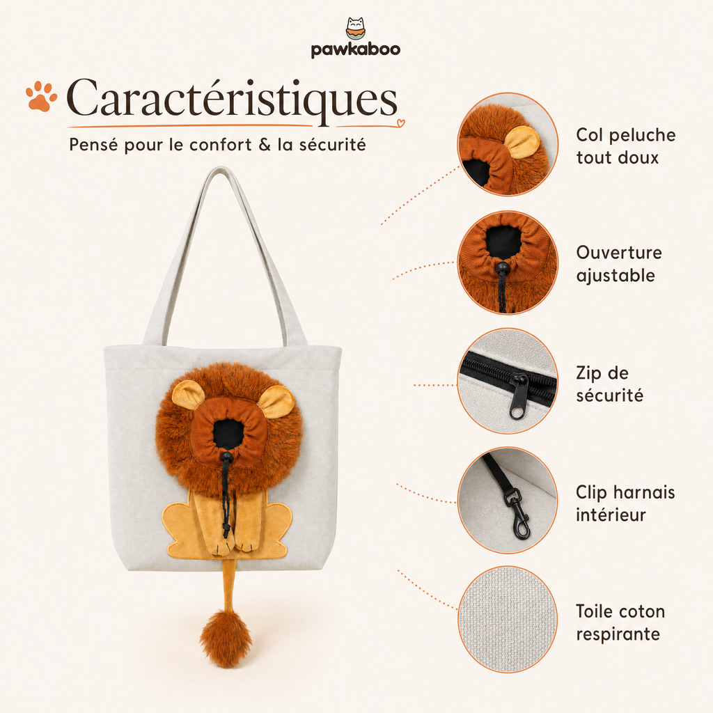 Caractéristiques du sac Pawkaboo Lion : col peluche, ouverture ajustable, zip, clip harnais, toile coton