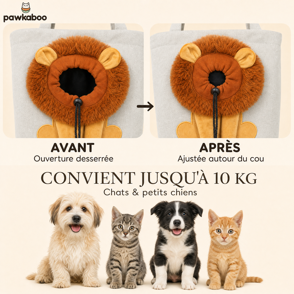 Ouverture ajustable du sac Pawkaboo Lion : avant/après serrage — convient jusqu'à 10 kg