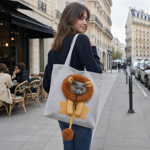 Sac Pawkaboo Lion gris porté dans une rue parisienne — chat gris la tête dehors