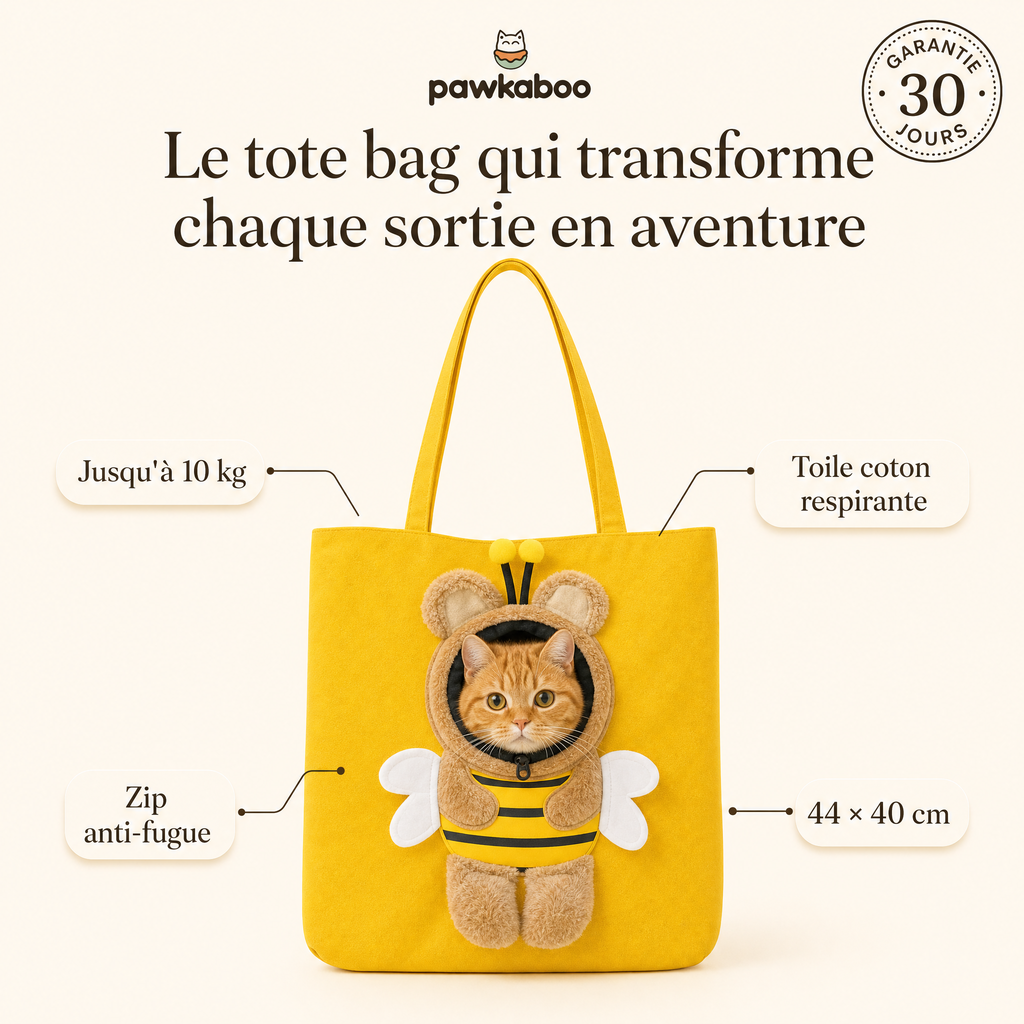Sac Pawkaboo Abeille : jusqu'à 10 kg, toile coton respirante, zip anti-fugue, 44 × 40 cm