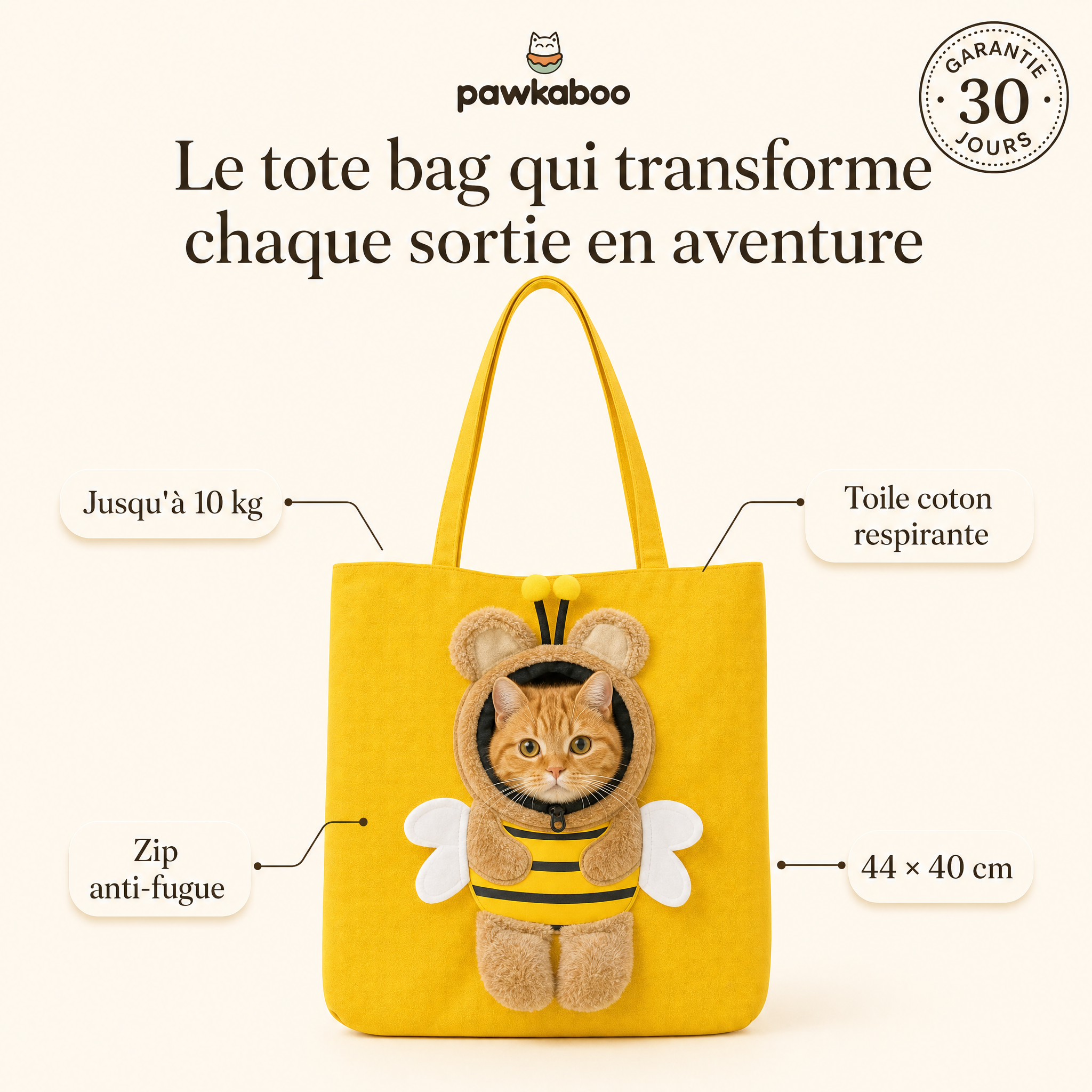 Sac Pawkaboo Abeille : jusqu'à 10 kg, toile coton respirante, zip anti-fugue, 44 × 40 cm