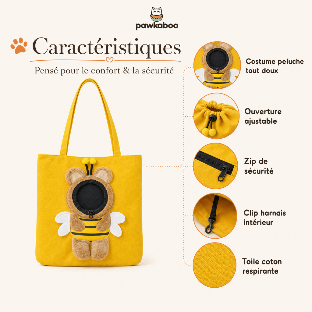 Caractéristiques du sac Pawkaboo Abeille : costume peluche, ouverture ajustable, zip, clip harnais