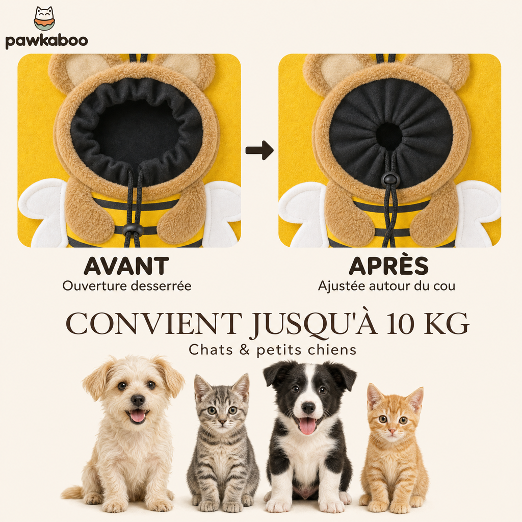 Ouverture ajustable du sac Pawkaboo Abeille : avant/après serrage — jusqu'à 10 kg