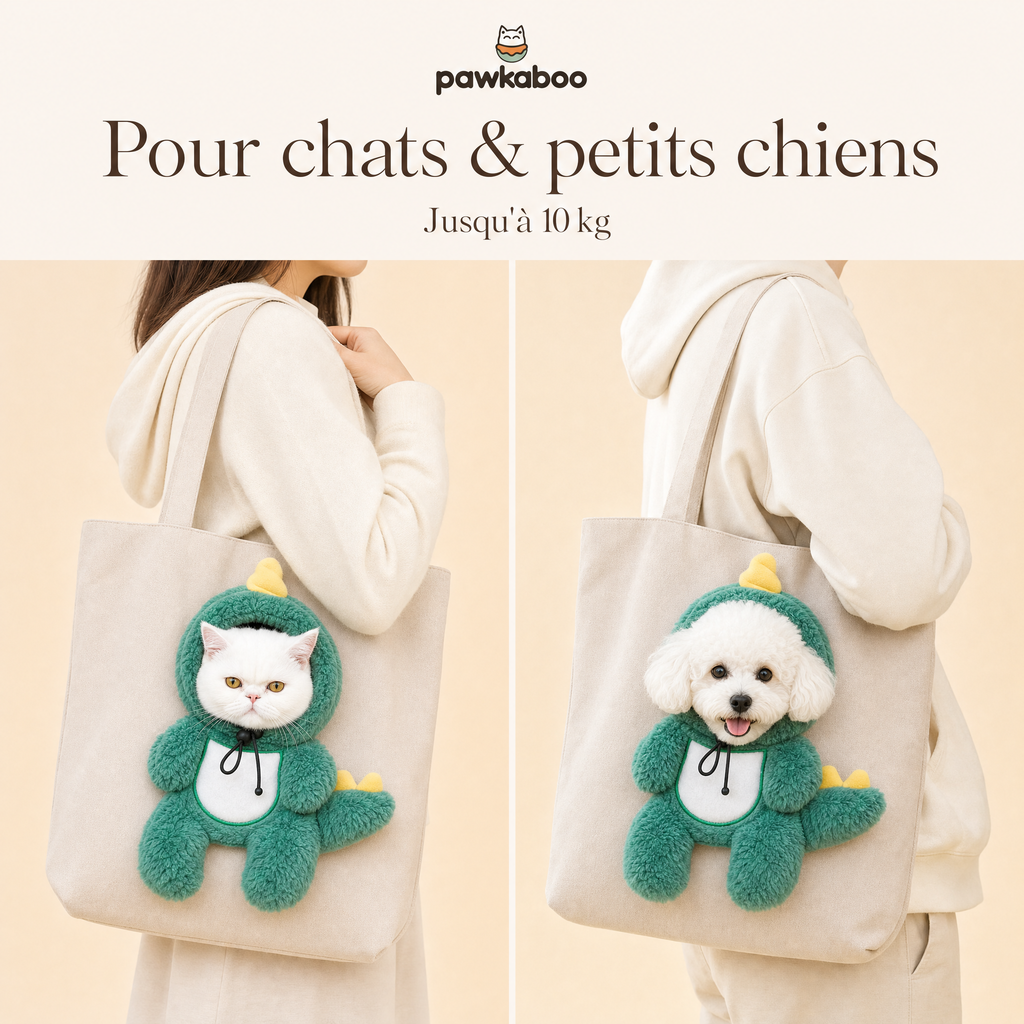 Sac Pawkaboo Dinosaure porté avec un chat et un petit chien