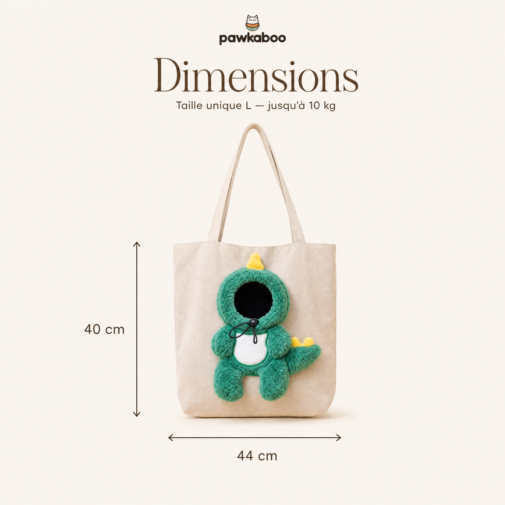 Dimensions du sac Pawkaboo Dinosaure : 44 × 40 cm, taille unique L