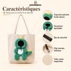 Caractéristiques du sac Pawkaboo Dinosaure : costume peluche, ouverture ajustable, zip, clip harnais