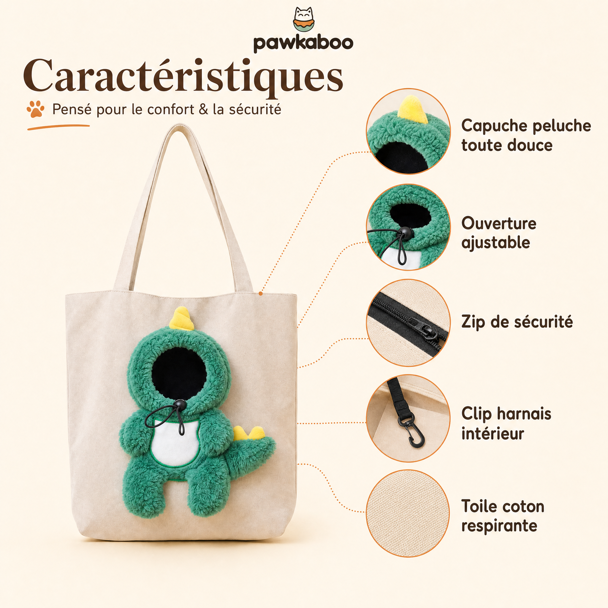 Caractéristiques du sac Pawkaboo Dinosaure : costume peluche, ouverture ajustable, zip, clip harnais