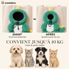 Ouverture ajustable du sac Pawkaboo Dinosaure : avant/après serrage — jusqu'à 10 kg