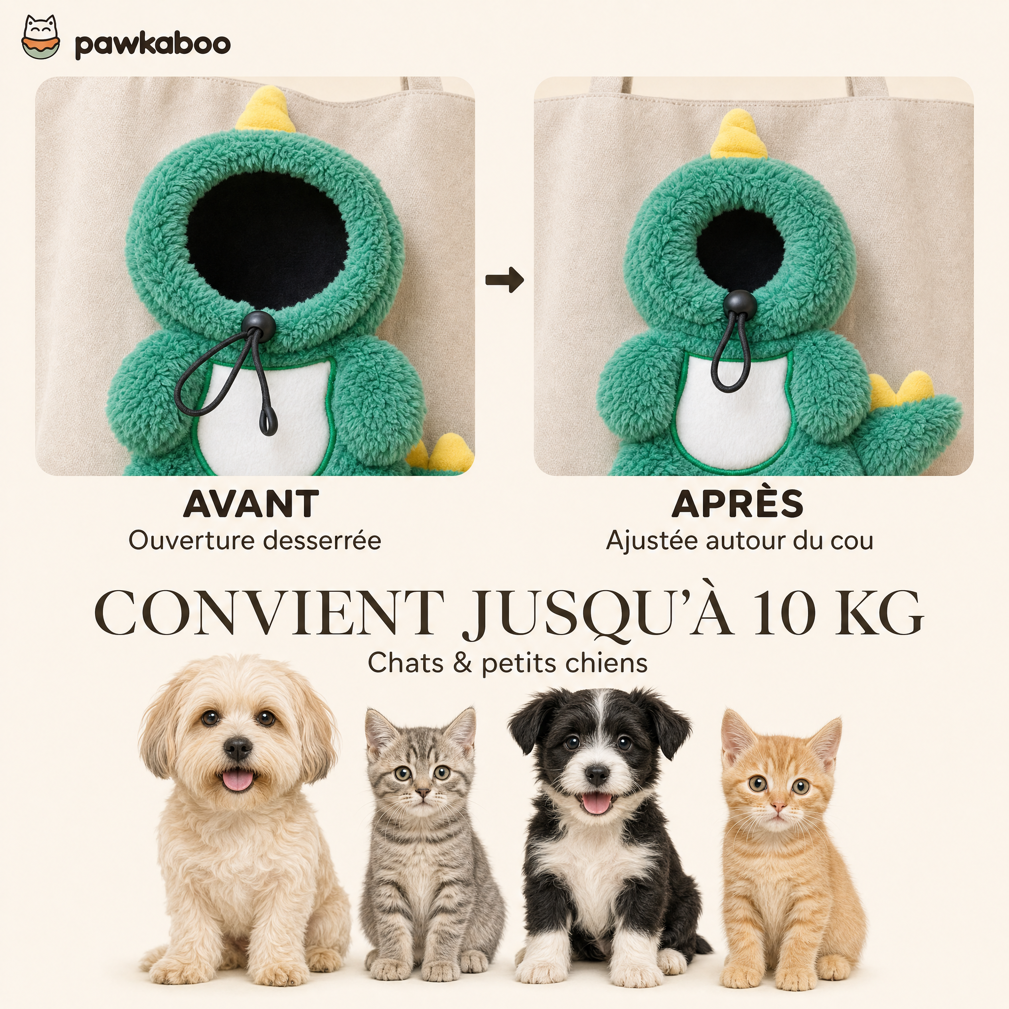 Ouverture ajustable du sac Pawkaboo Dinosaure : avant/après serrage — jusqu'à 10 kg