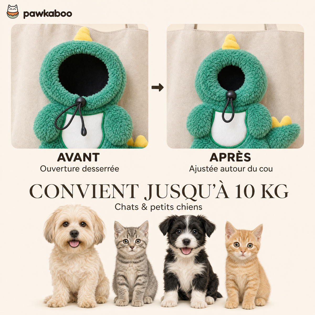 Ouverture ajustable du sac Pawkaboo Dinosaure : avant/après serrage — jusqu'à 10 kg